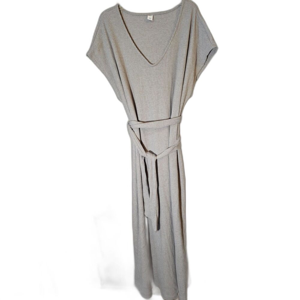 Old Navy Women’s Large Ribbed Sweater Dress Gray V Neck Tie Waist Stretch